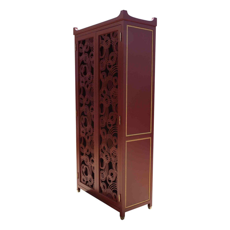 Red Lacquer Wine Cabinet with Laser Cut Door Panels