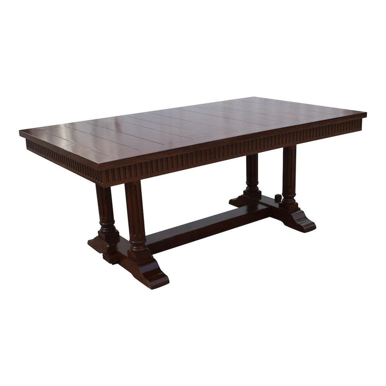 country style salvaged wood trestle table Shown With Extension