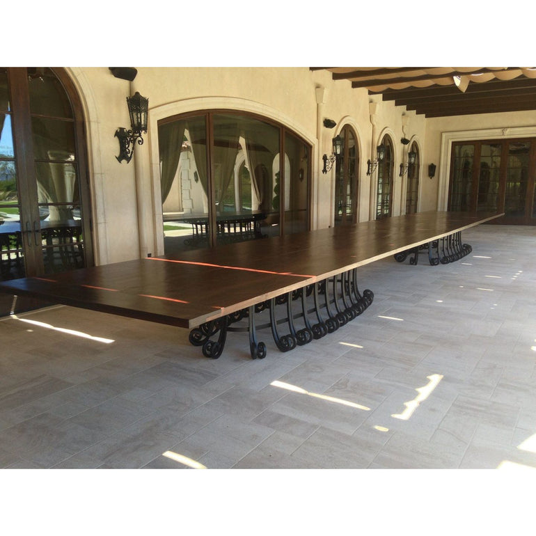 Custom Made 40 ft Outdoor Dining Table With Solid Iron Base and Reclaimed Wood Top 
