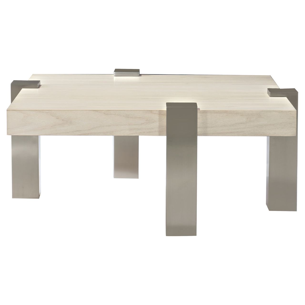assymetrical floating walnut top coffee table with square nickel legs