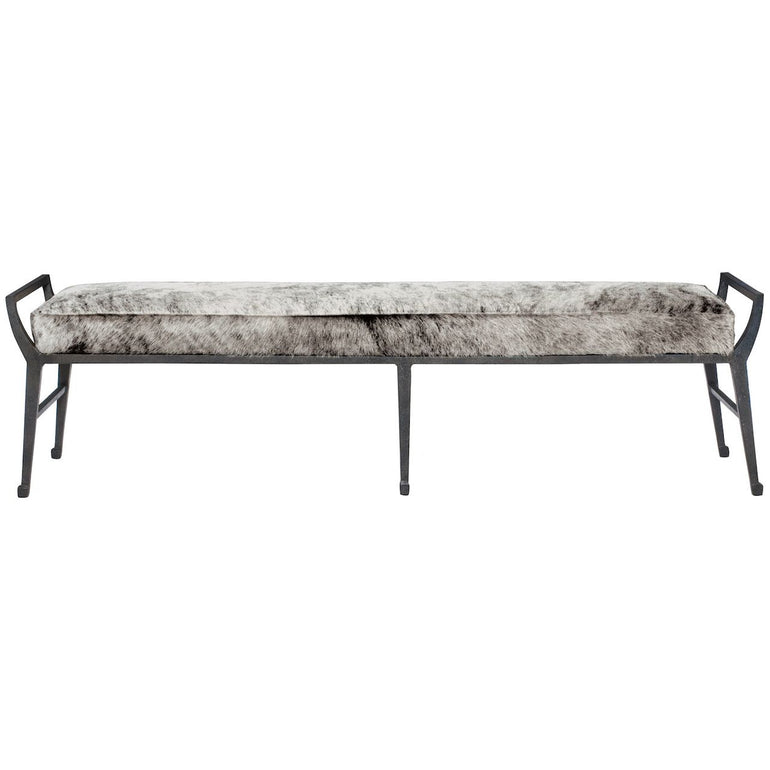 modern hair on hide leather and metal backless bench in grey finish