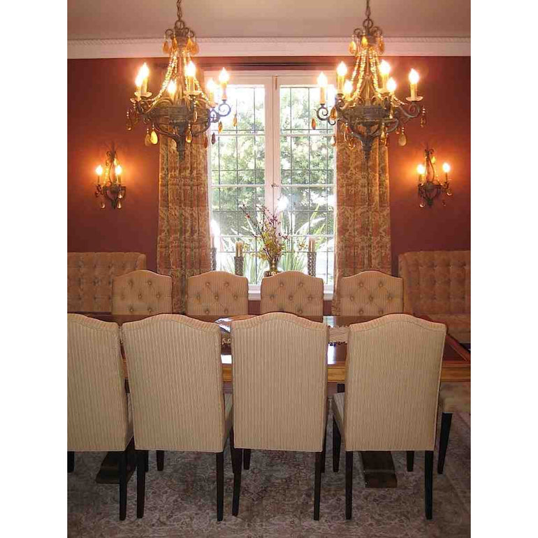 Dining Table, Dining Chairs, Wall Sconces, & Chandeliers by M&T