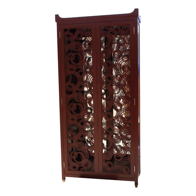 Red Lacquer Wine Cabinet with Laser Cut Door Panels