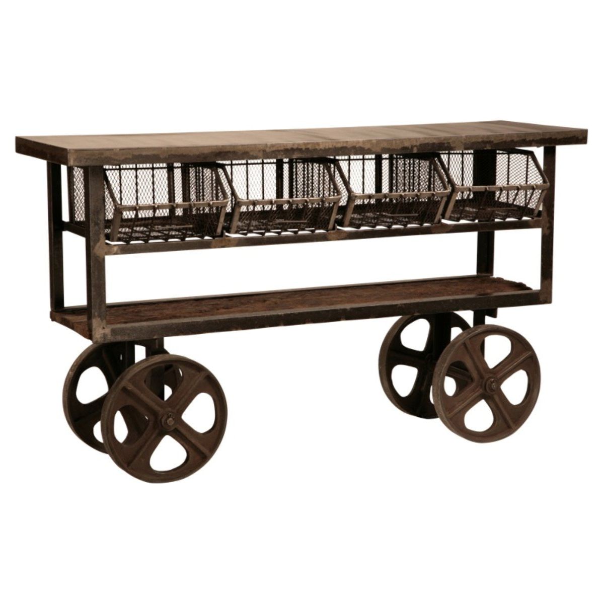 Urban Industrial Trolley with Metal Basket Drawers and Reclaimed Wood Top