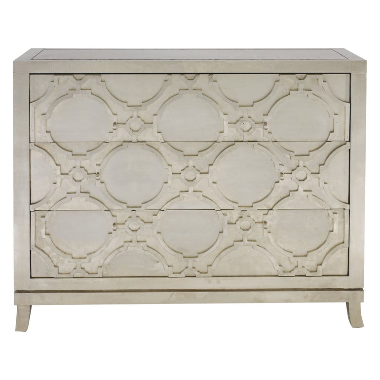 small three drawer silver dresser with geometric embossed pattern