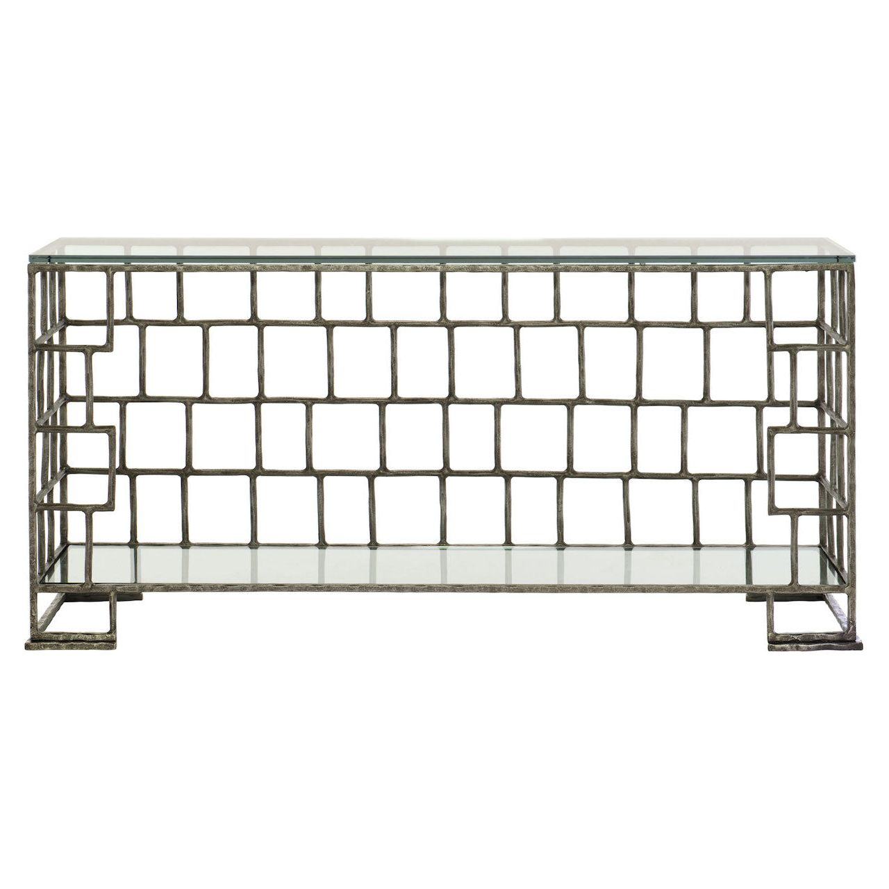 modern open weave basket pattern hammered steel console