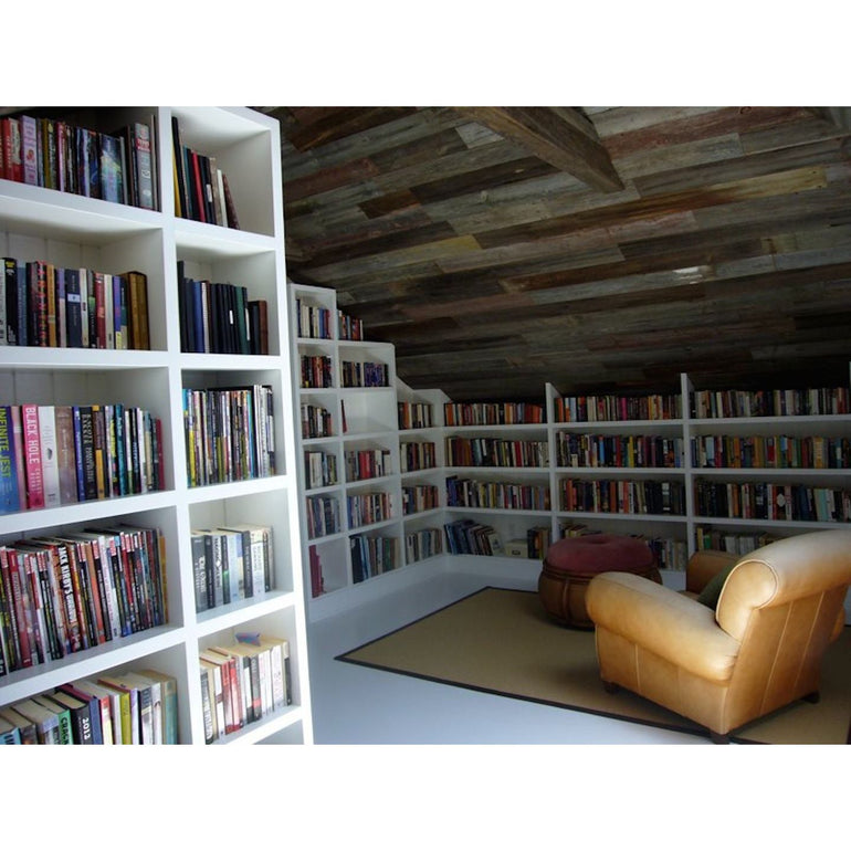 Completed Builtin Bookcase and Salvaged Barn Wood Ceiling in Malibu