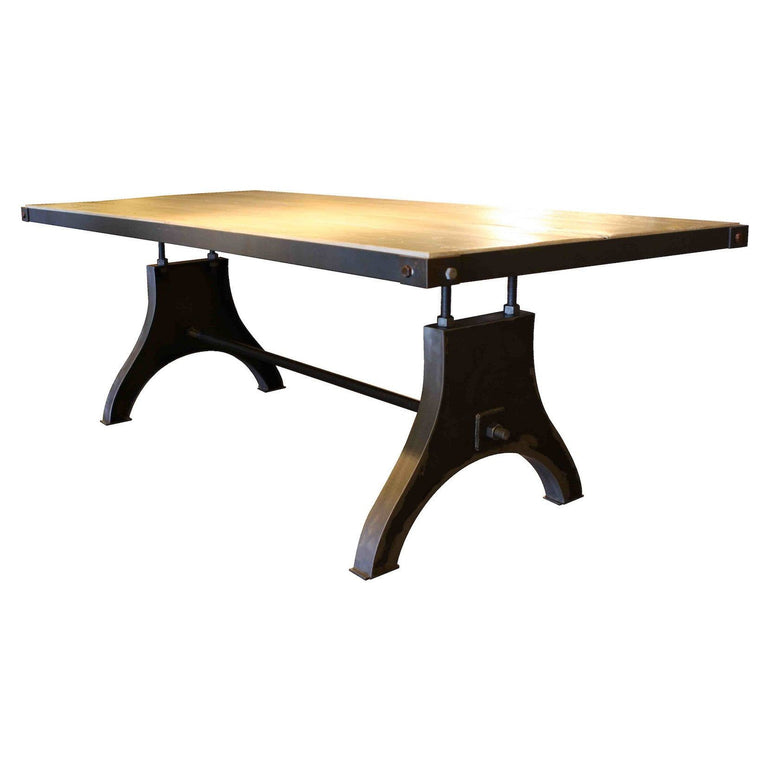 machine base industrial steel dining table with solid reclaimed wood top 