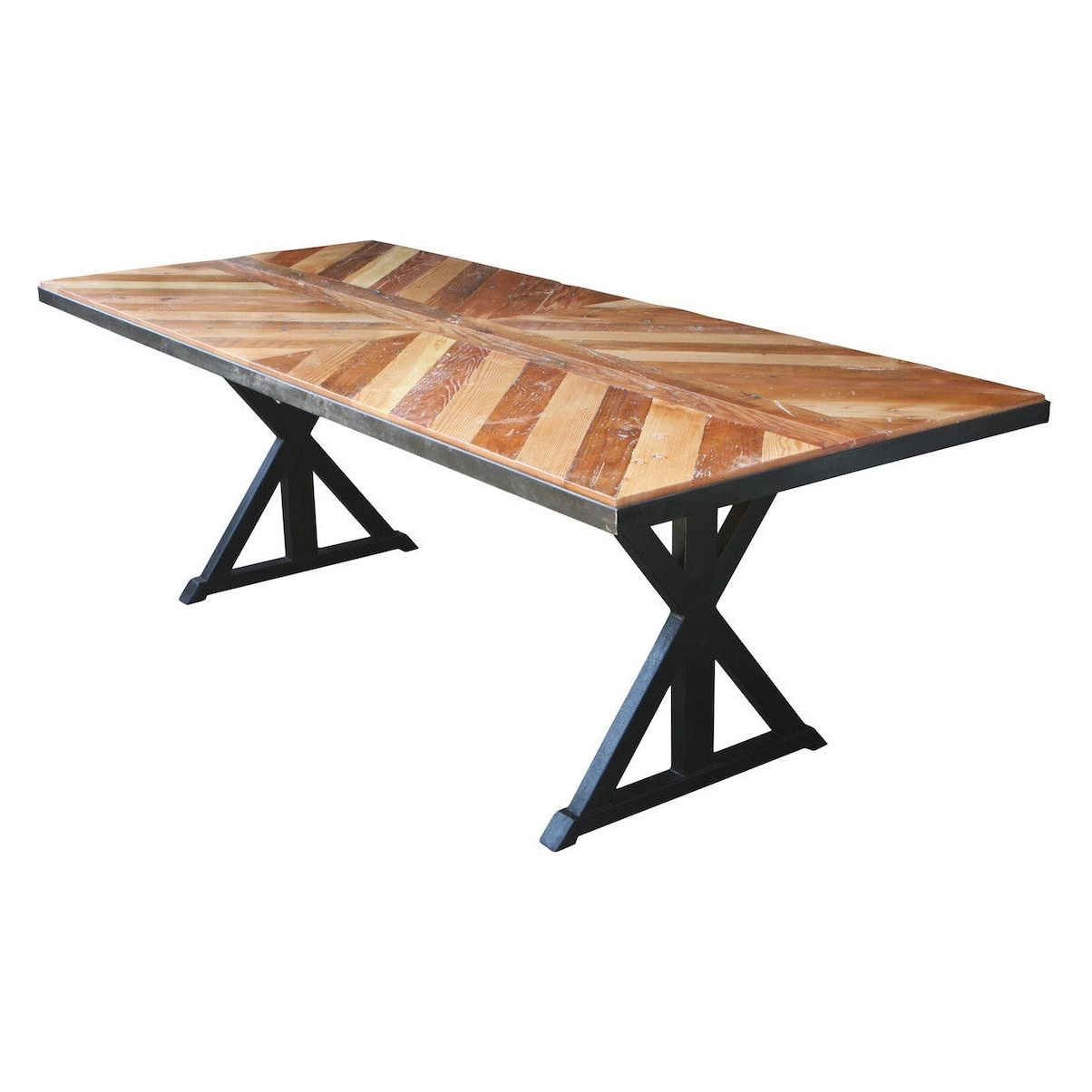 Chevron Top Dining Table built in reclaimed wood and metal legs