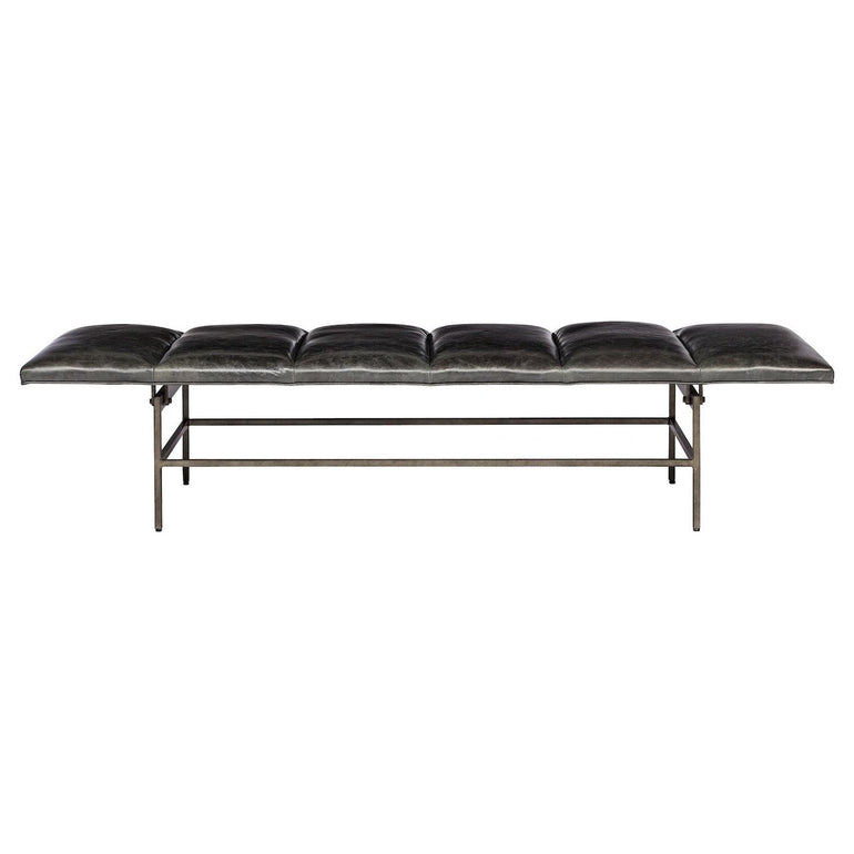 modern long leather and metal channelled bench