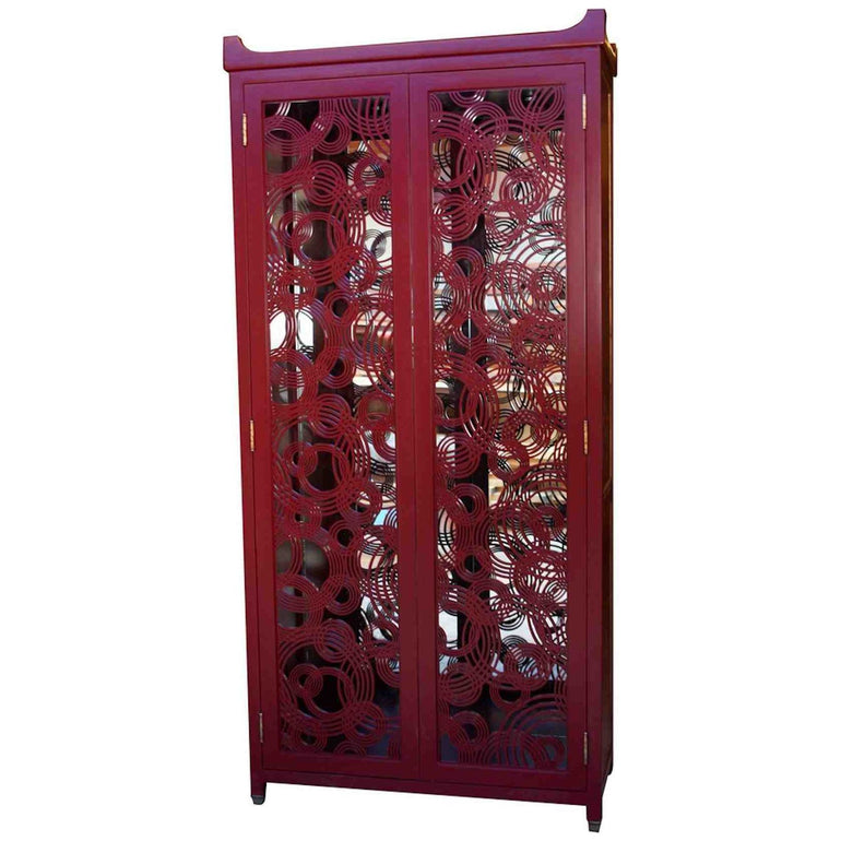 Red Lacquer Wine Cabinet with Laser Cut Door Panels